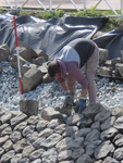 901606 Afbeelding van een werkman die met de hand basaltblokken aan het leggen is voor de nieuwe beschoeiing van het ...
